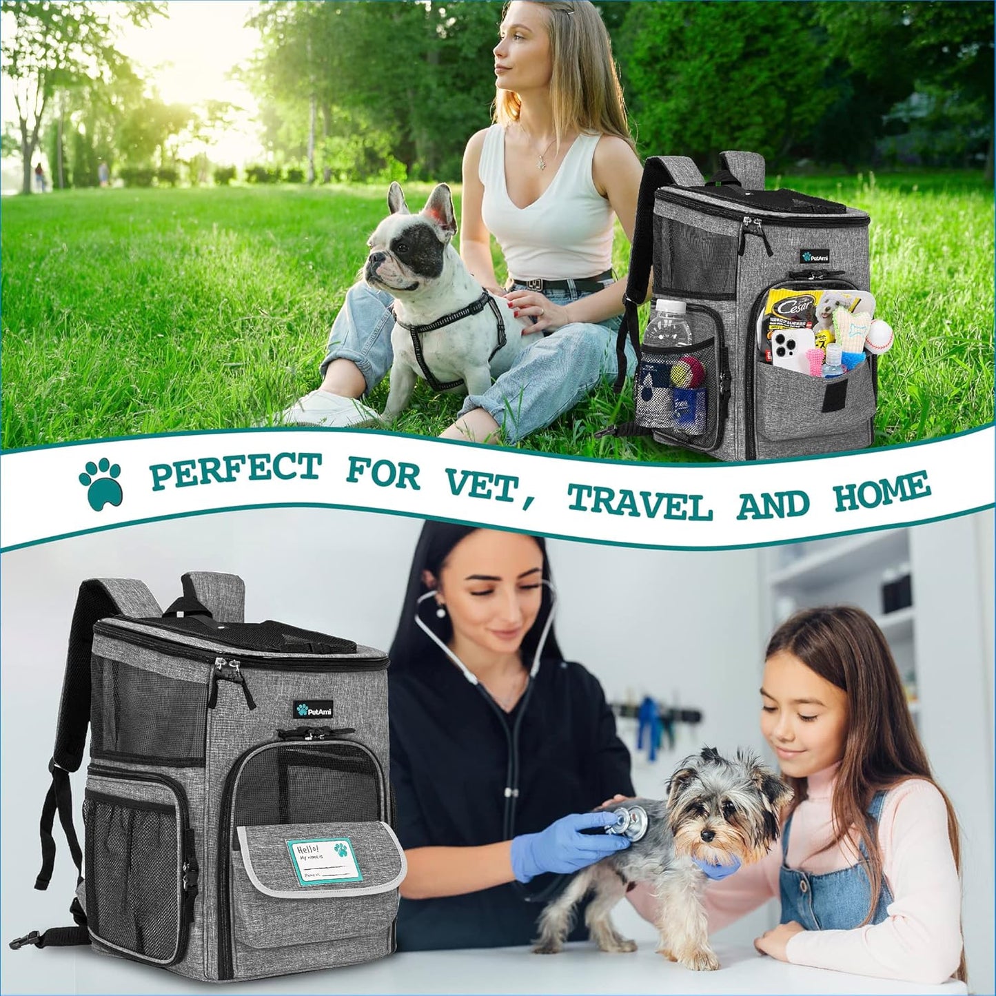 Airline Approved Dog and Cat Backpack Carrier - Soft Sided, Ventilated Pet Backpack for Travel, Hiking, and Camping (Max 18 Lbs) - Stylish Heather Gray
