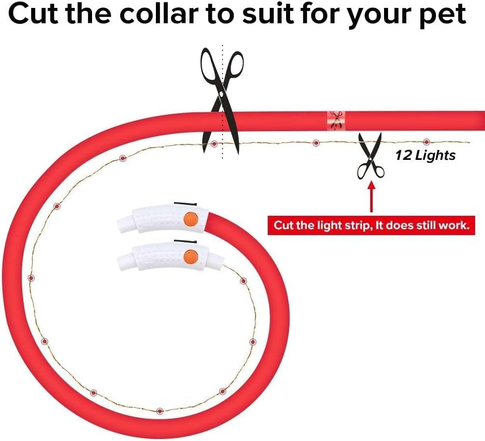 USB Rechargeable LED Dog Collar - Glow in the Dark Silicone Necklace Light for Pets (Red)