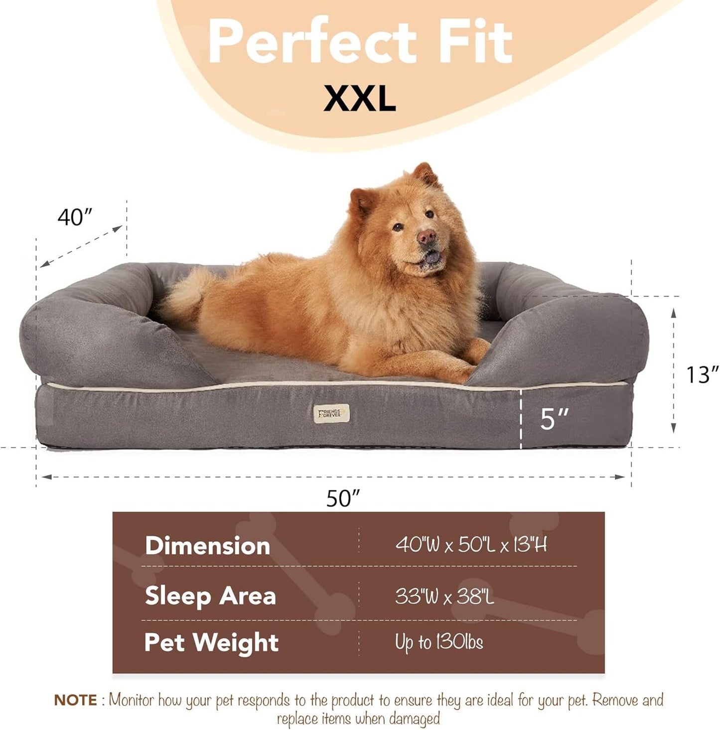 Chester Xx-Large Orthopedic Memory Foam Dog Bed - Calming Couch Design with Cozy Rim Pillow, Water-Resistant Liner, Washable Cover & Non-Slip Bottom in Stylish Grey