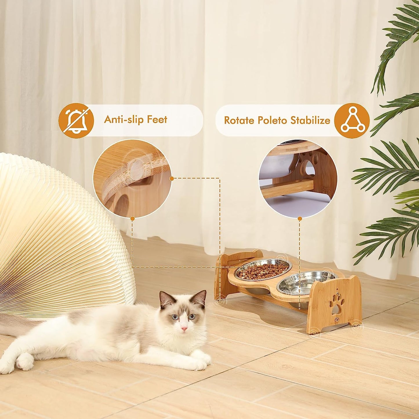 Adjustable Bamboo Elevated Dog & Cat Bowls - Set of 2 Stainless Steel Bowls with Anti-Slip Feet, Perfect for Small Pets (Height 4" to 4.5")