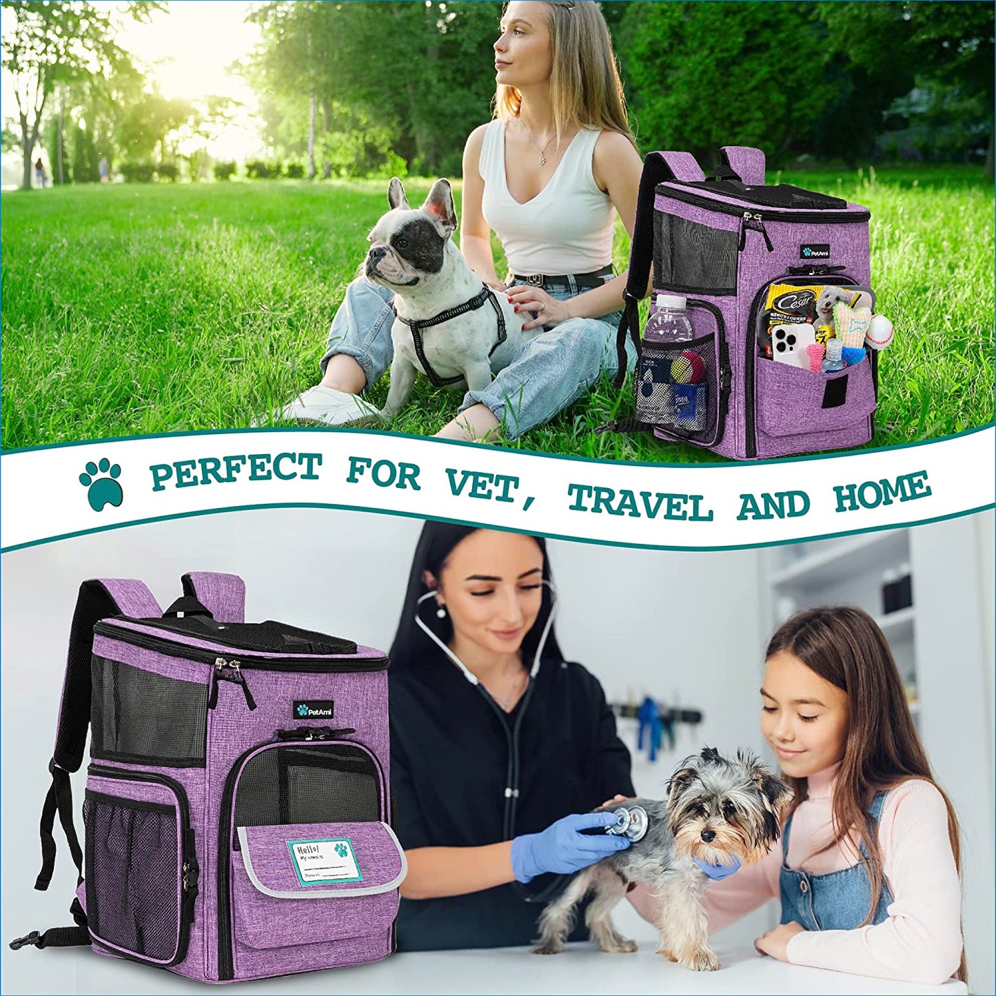 Airline Approved Dog Backpack Carrier for Small & Large Pets – Ventilated Soft Sided Travel Bag for Hiking, Camping, and Adventures (Max 18 Lbs) - Stylish Purple Design