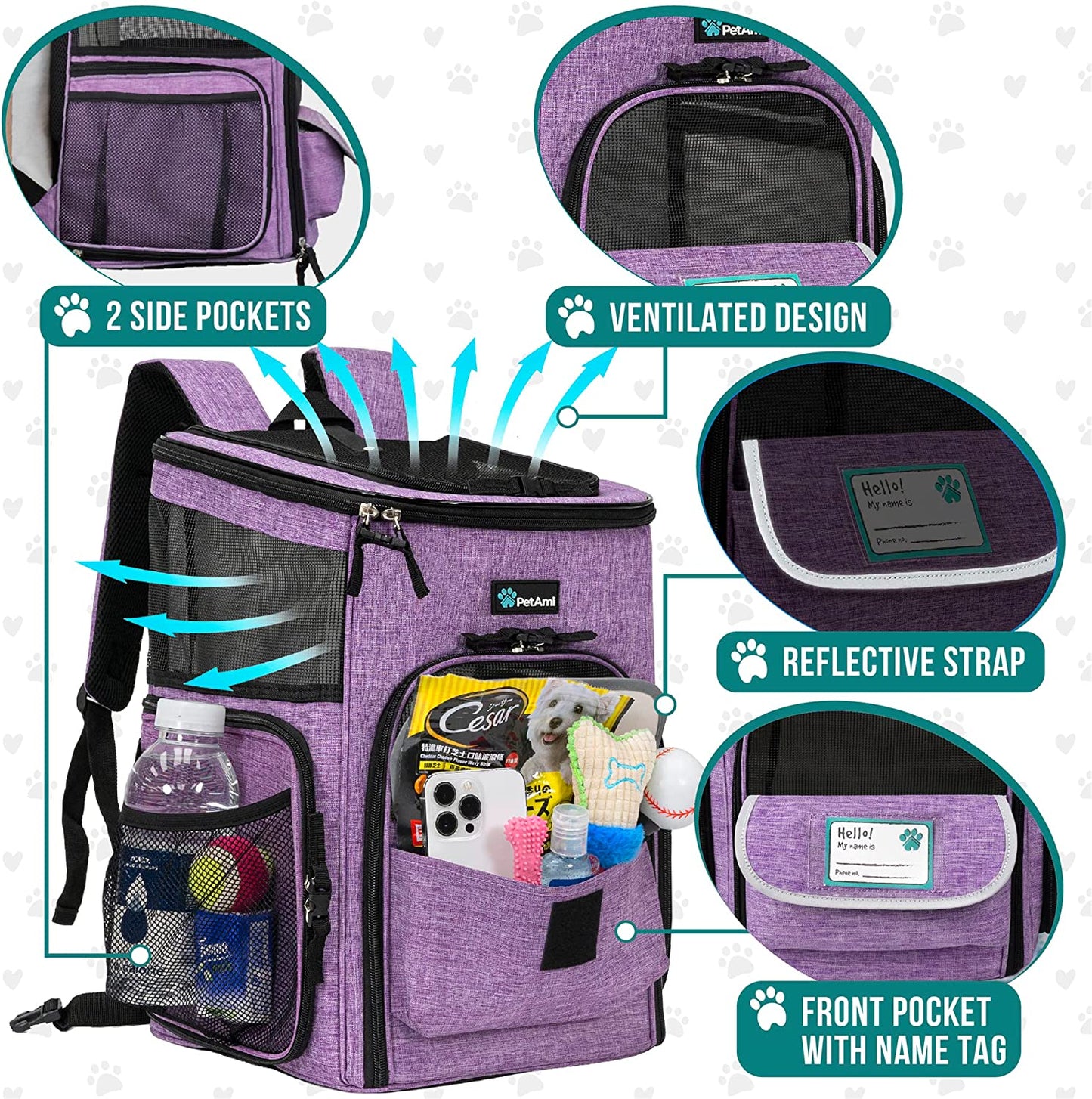 Airline Approved Dog Backpack Carrier for Small & Large Pets – Ventilated Soft Sided Travel Bag for Hiking, Camping, and Adventures (Max 18 Lbs) - Stylish Purple Design