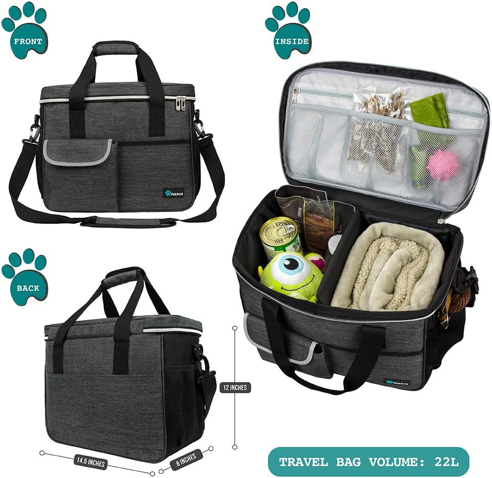Ultimate Dog Travel Bag - All-in-One Organizer with Food Container & Bowls - Perfect for Weekend Camping & Diaper Needs (Charcoal, Medium)