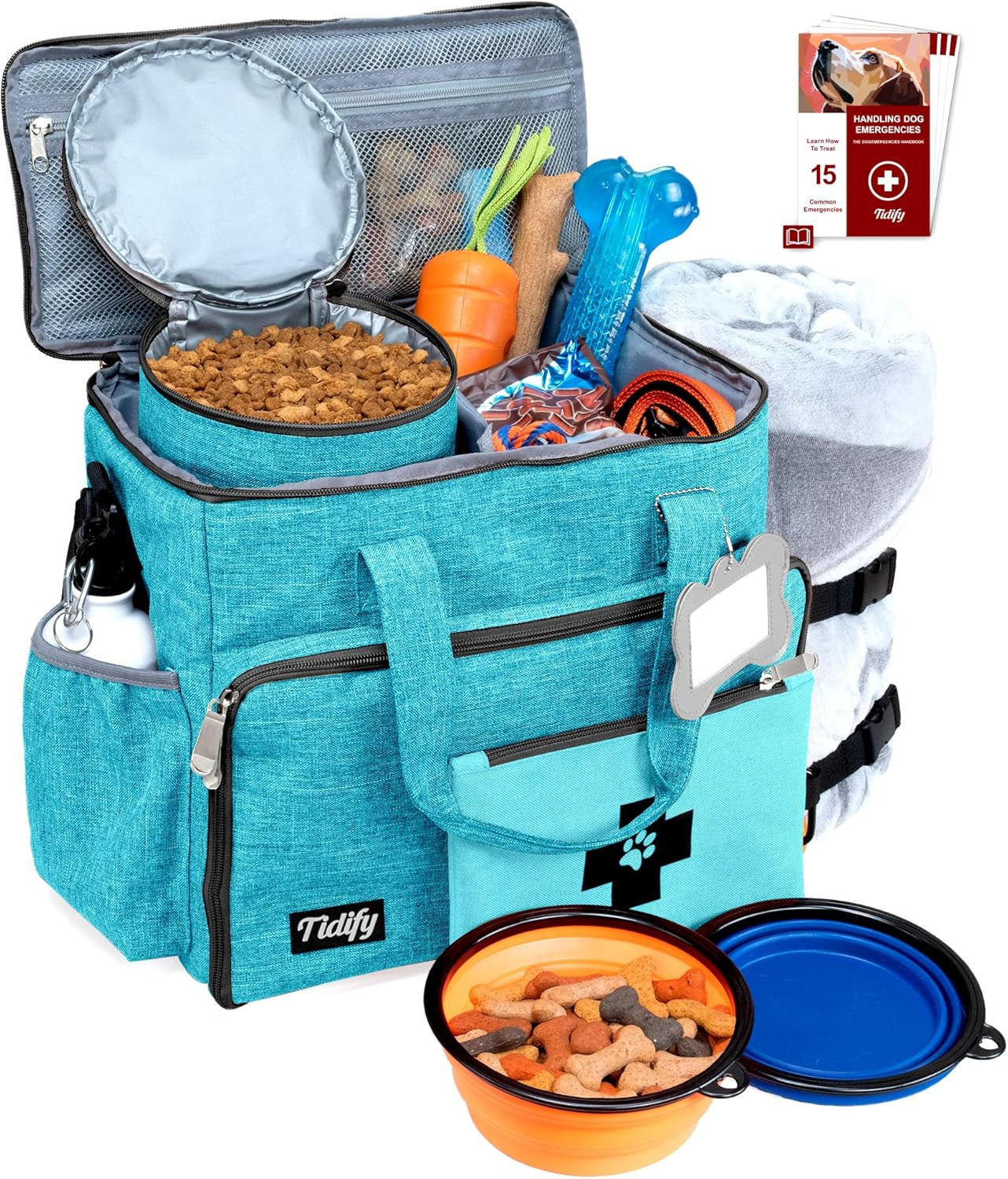 Airline Approved Dog Travel Bag - Ultimate Tote Set with Multi-Function Pockets, Food Containers & Collapsible Bowls for Weekend Getaways - Blue