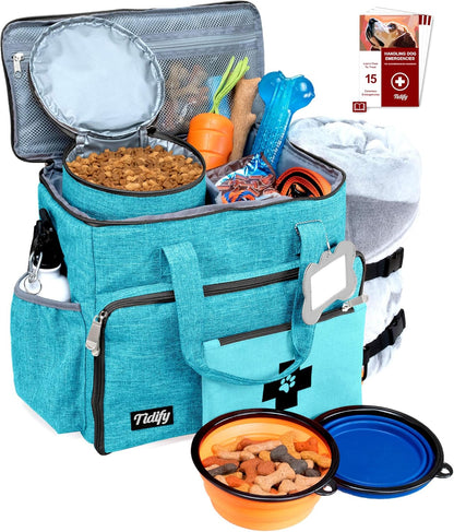 Airline Approved Dog Travel Bag - Ultimate Tote Set with Multi-Function Pockets, Food Containers & Collapsible Bowls for Weekend Getaways - Blue