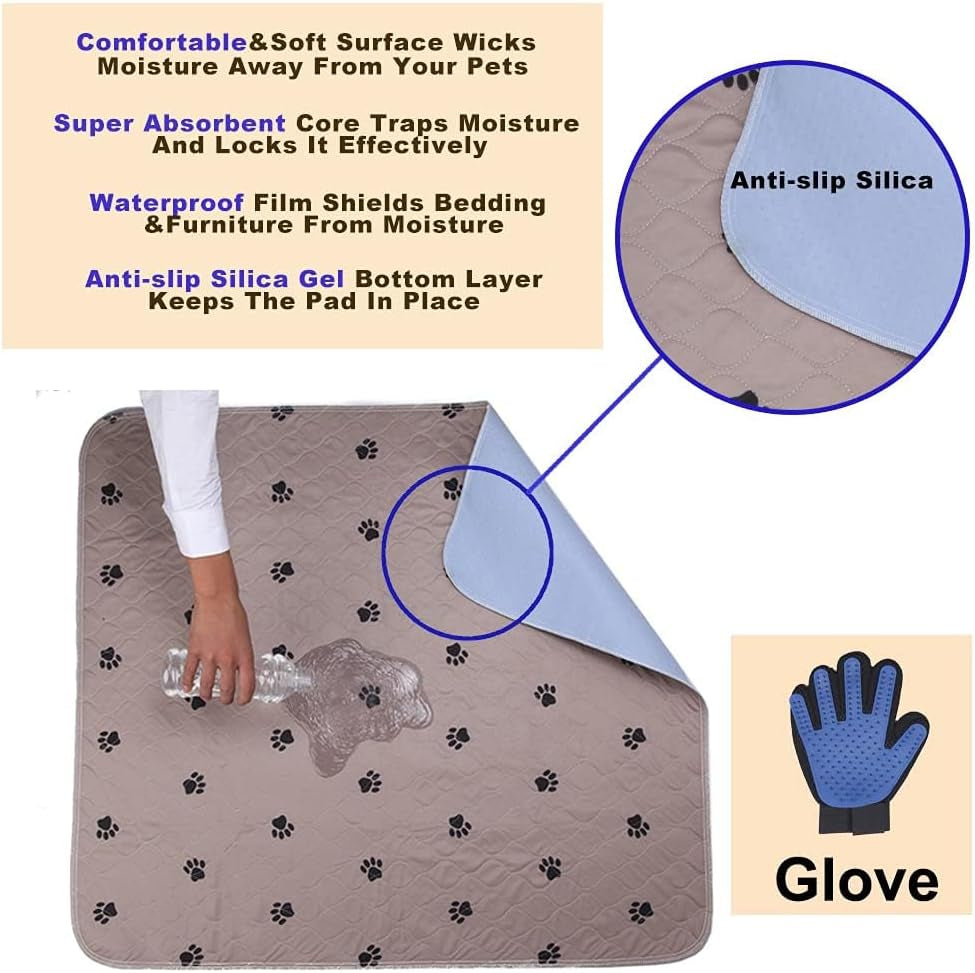 Premium Washable Dog Pee Pads with Grooming Gloves - Super Absorbent, Reusable, Waterproof Training Pads for Large Dogs and Puppies