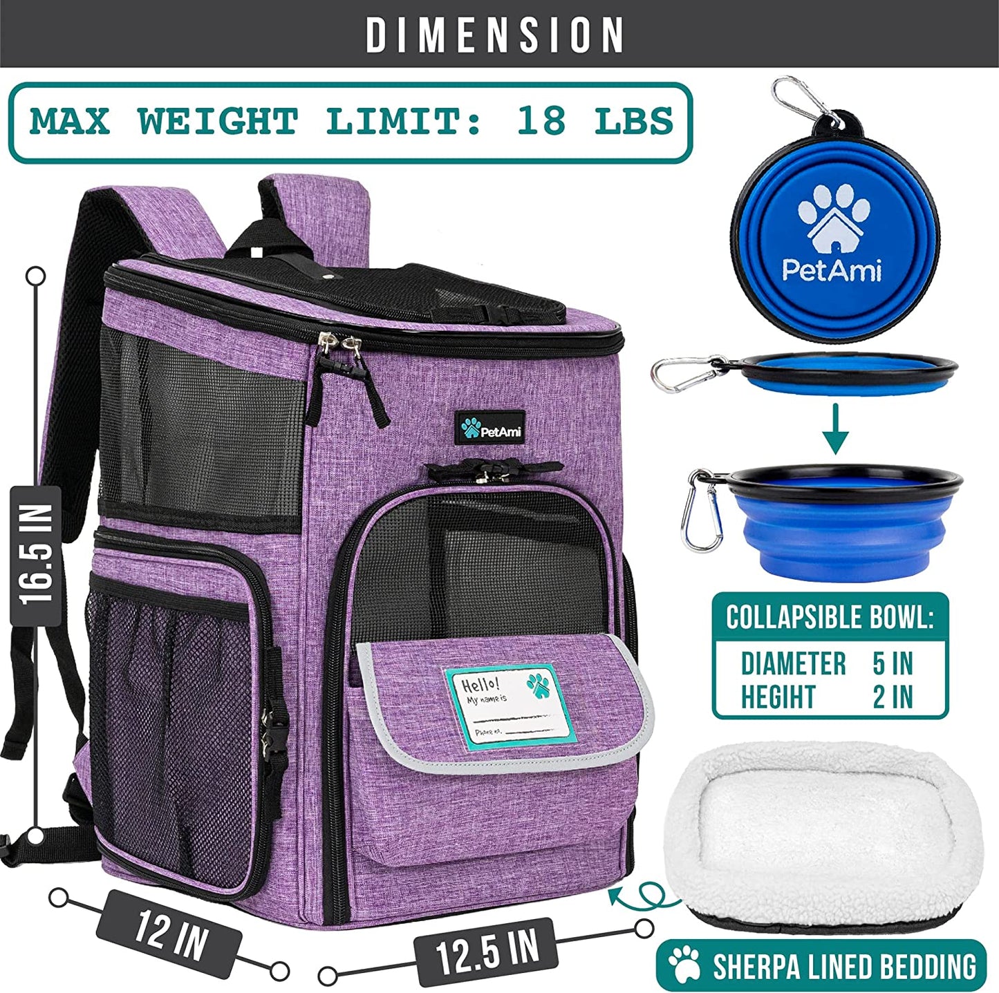 Airline Approved Dog Backpack Carrier for Small & Large Pets – Ventilated Soft Sided Travel Bag for Hiking, Camping, and Adventures (Max 18 Lbs) - Stylish Purple Design
