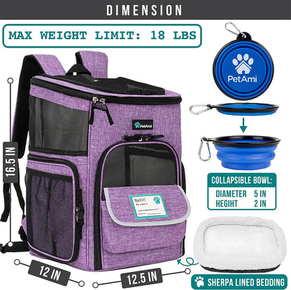 Airline Approved Dog Backpack Carrier for Small & Large Pets – Ventilated Soft Sided Travel Bag for Hiking, Camping, and Adventures (Max 18 Lbs) - Stylish Purple Design