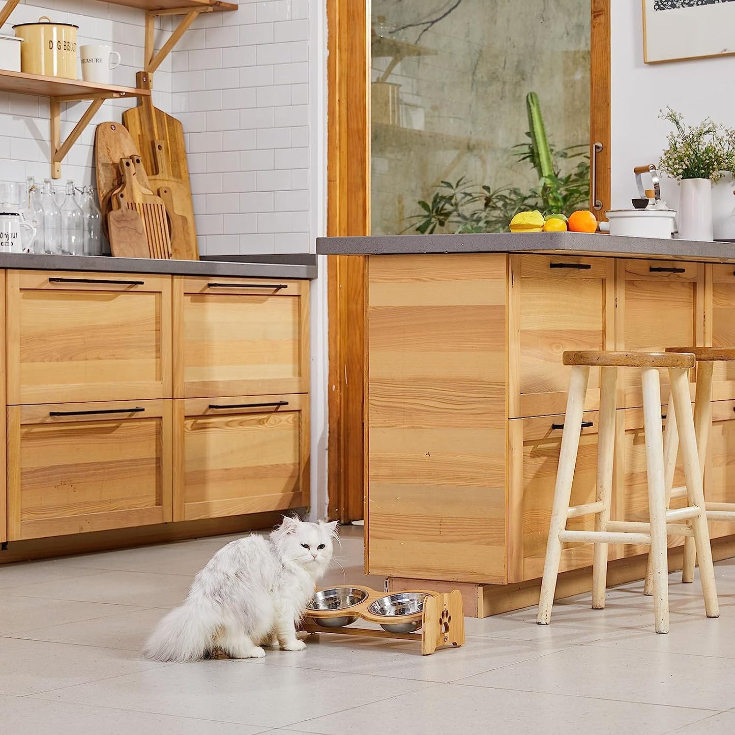 Adjustable Bamboo Elevated Dog & Cat Bowls - Set of 2 Stainless Steel Bowls with Anti-Slip Feet, Perfect for Small Pets (Height 4" to 4.5")