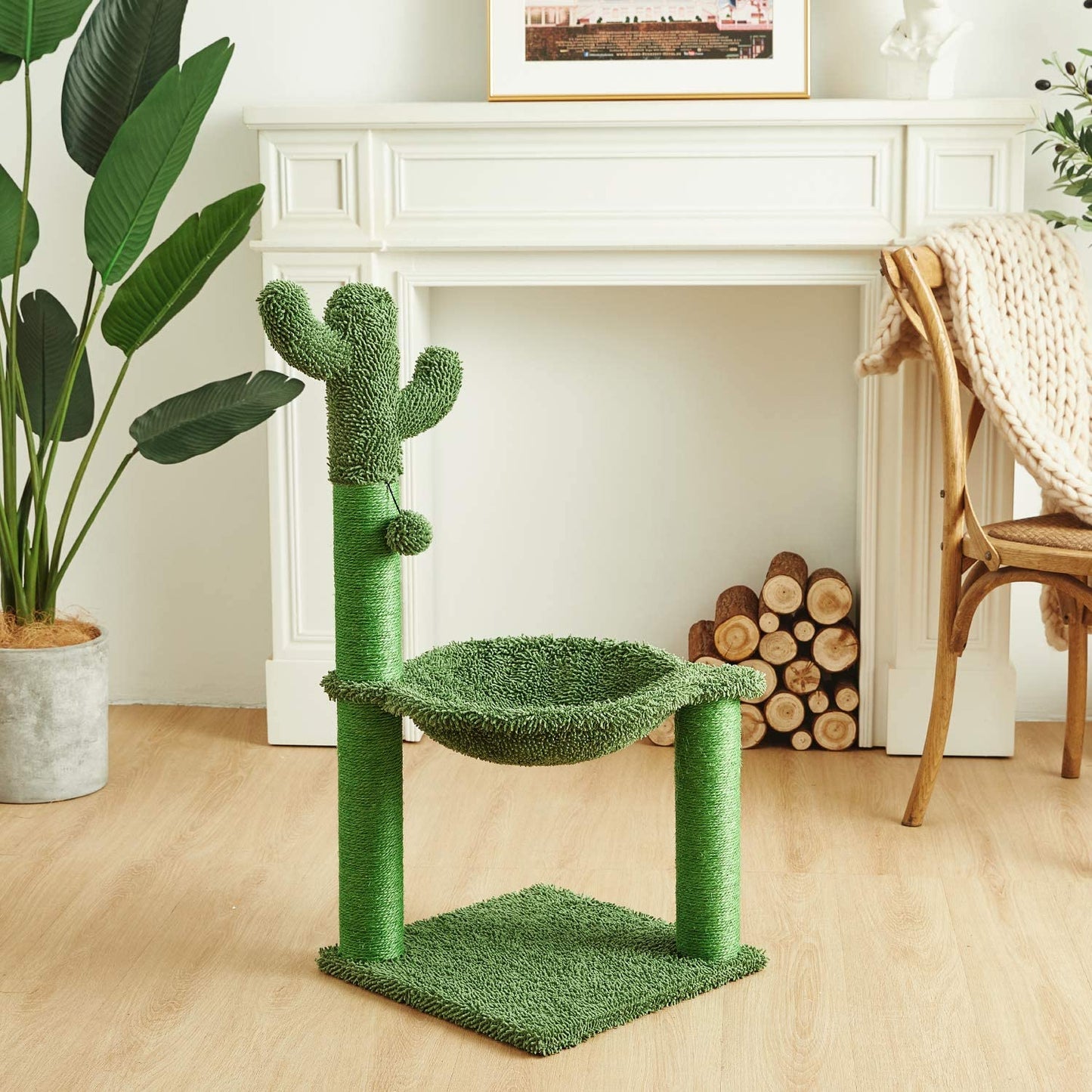 Deluxe 35-Inch Green Cactus Cat Tree with Hammock & Sisal Scratching Post - Perfect for Large Cats!