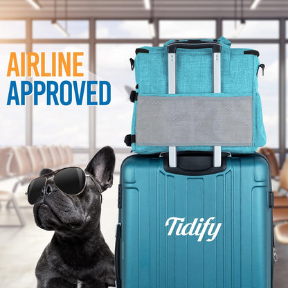 Airline Approved Dog Travel Bag - Ultimate Tote Set with Multi-Function Pockets, Food Containers & Collapsible Bowls for Weekend Getaways - Blue