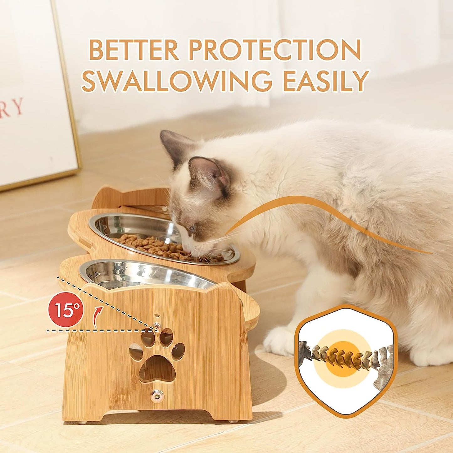 Adjustable Bamboo Elevated Dog & Cat Bowls - Set of 2 Stainless Steel Bowls with Anti-Slip Feet, Perfect for Small Pets (Height 4" to 4.5")