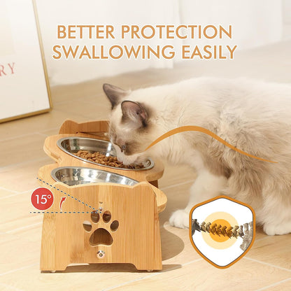 Adjustable Bamboo Elevated Dog & Cat Bowls - Set of 2 Stainless Steel Bowls with Anti-Slip Feet, Perfect for Small Pets (Height 4" to 4.5")