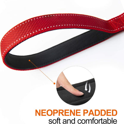 4FT Strong Red Dog Leash with Dual Padded Handles - Traffic Control, Reflective Safety, and Auto Lock Hook for All Dog Sizes