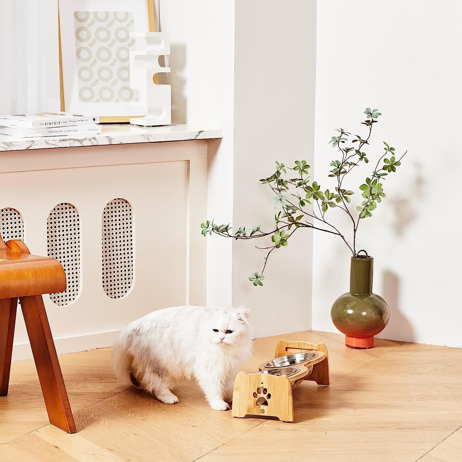 Adjustable Bamboo Elevated Dog & Cat Bowls - Set of 2 Stainless Steel Bowls with Anti-Slip Feet, Perfect for Small Pets (Height 4" to 4.5")