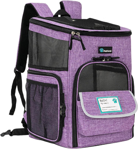 Airline Approved Dog Backpack Carrier for Small & Large Pets – Ventilated Soft Sided Travel Bag for Hiking, Camping, and Adventures (Max 18 Lbs) - Stylish Purple Design