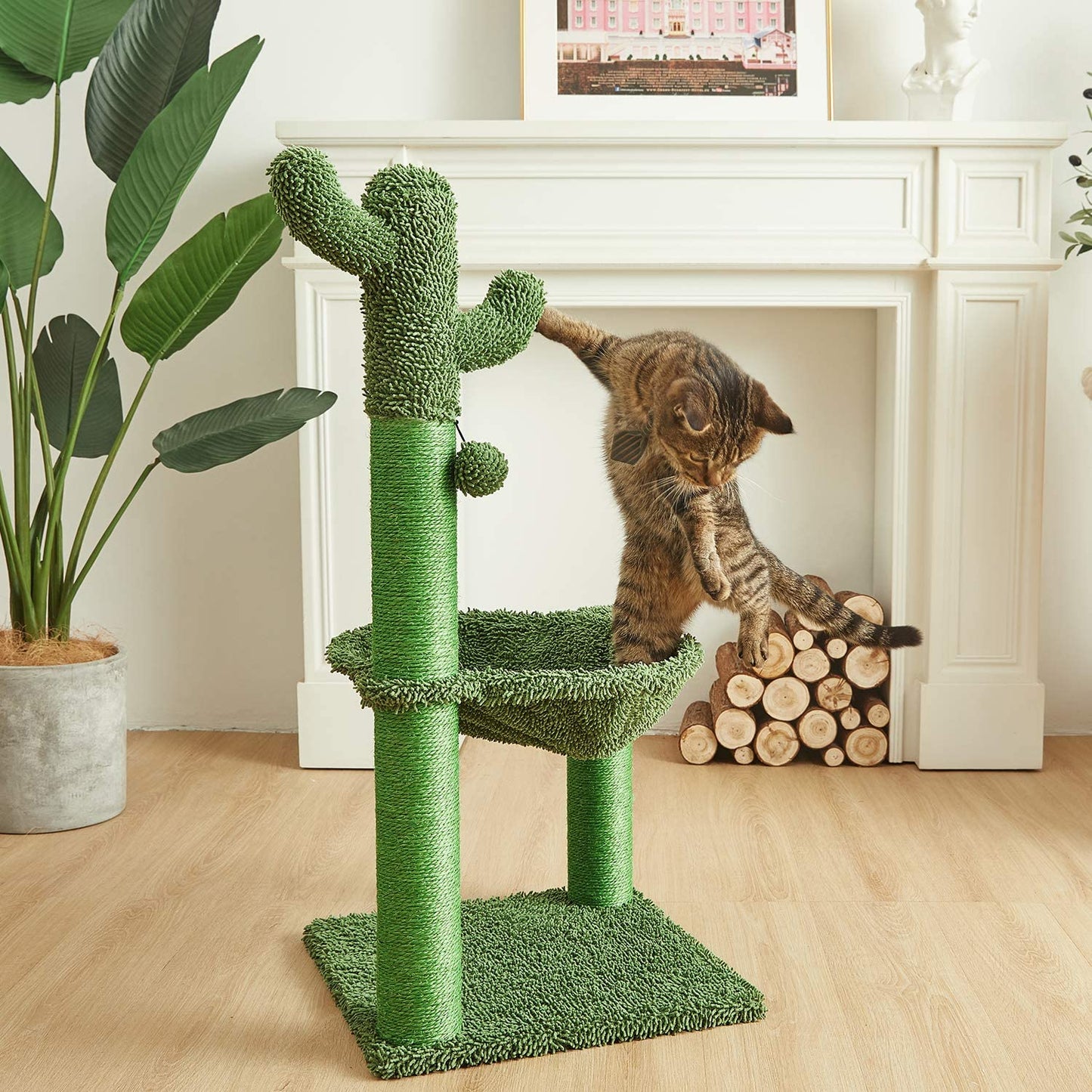 Deluxe 35-Inch Green Cactus Cat Tree with Hammock & Sisal Scratching Post - Perfect for Large Cats!