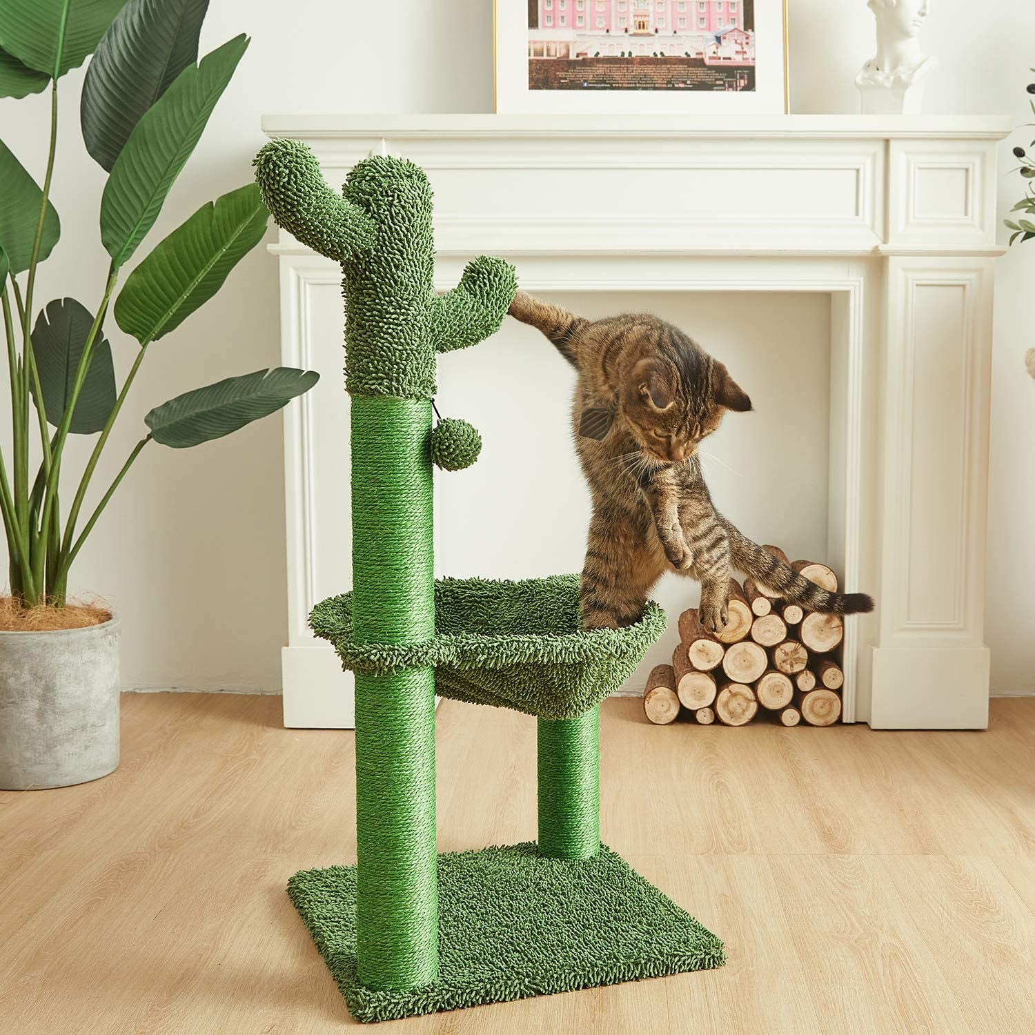 Deluxe 35-Inch Green Cactus Cat Tree with Hammock & Sisal Scratching Post - Perfect for Large Cats!
