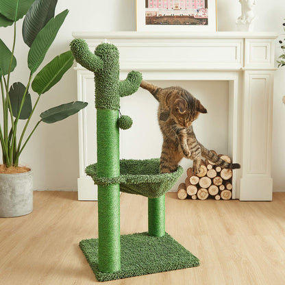 Deluxe 35-Inch Green Cactus Cat Tree with Hammock & Sisal Scratching Post - Perfect for Large Cats!