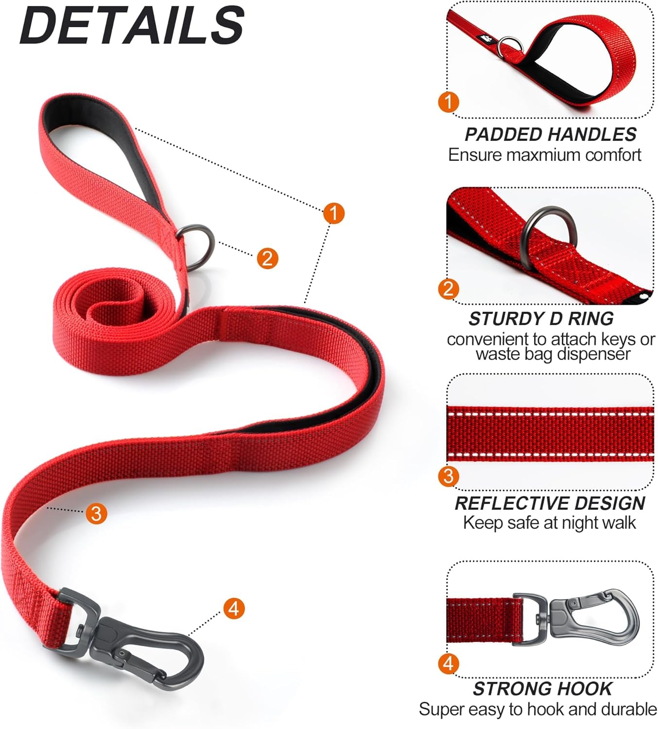 4FT Strong Red Dog Leash with Dual Padded Handles - Traffic Control, Reflective Safety, and Auto Lock Hook for All Dog Sizes