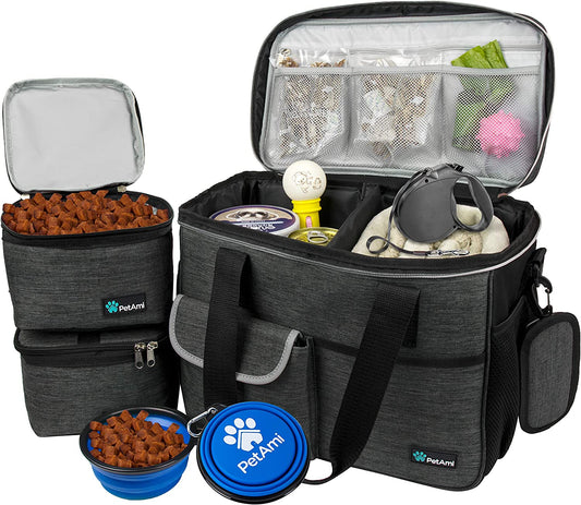 Ultimate Dog Travel Bag - All-in-One Organizer with Food Container & Bowls - Perfect for Weekend Camping & Diaper Needs (Charcoal, Medium)
