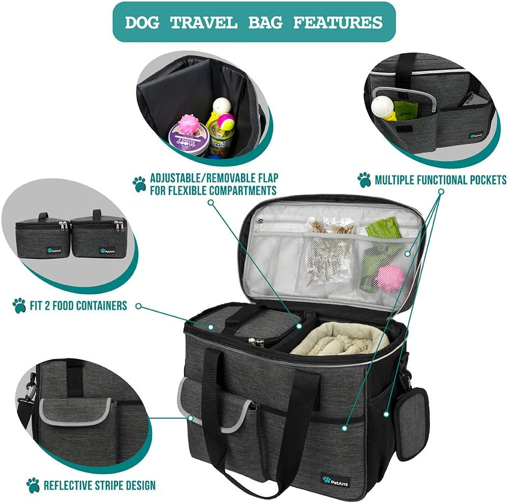Ultimate Dog Travel Bag - All-in-One Organizer with Food Container & Bowls - Perfect for Weekend Camping & Diaper Needs (Charcoal, Medium)