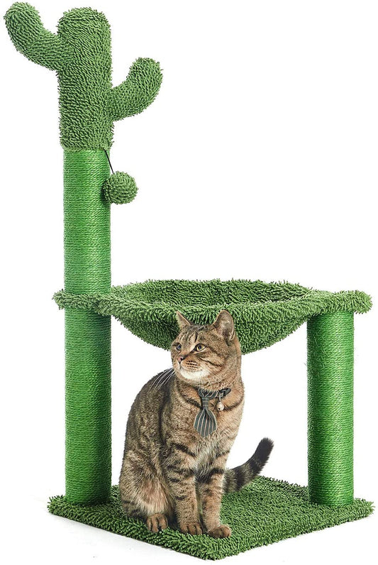 Deluxe 35-Inch Green Cactus Cat Tree with Hammock & Sisal Scratching Post - Perfect for Large Cats!