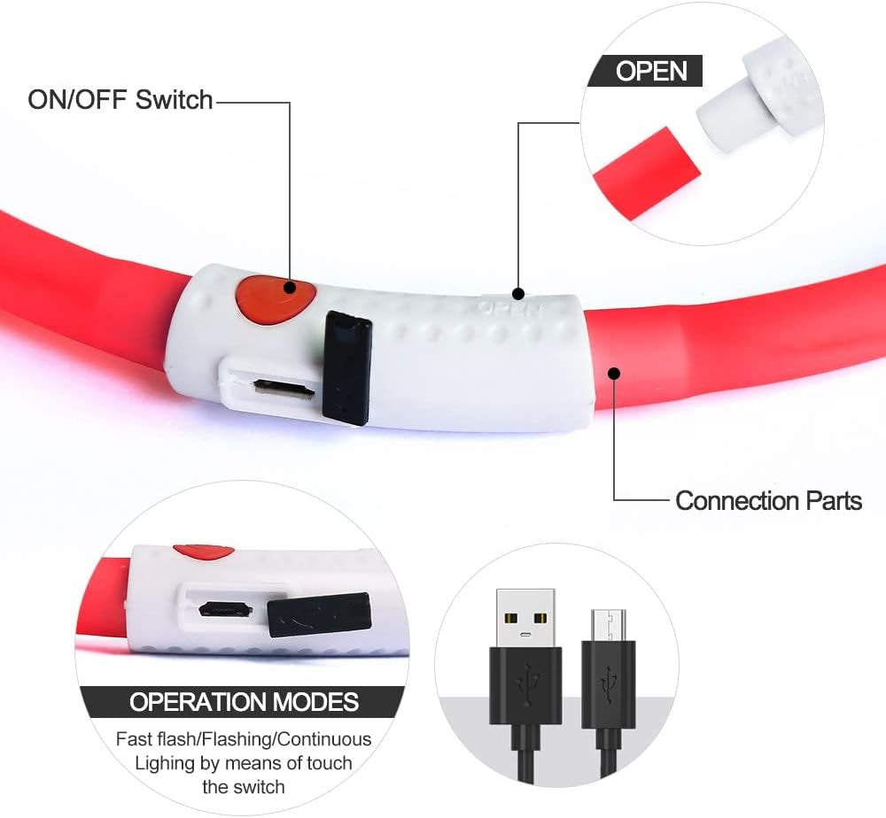 USB Rechargeable LED Dog Collar - Glow in the Dark Silicone Necklace Light for Pets (Red)