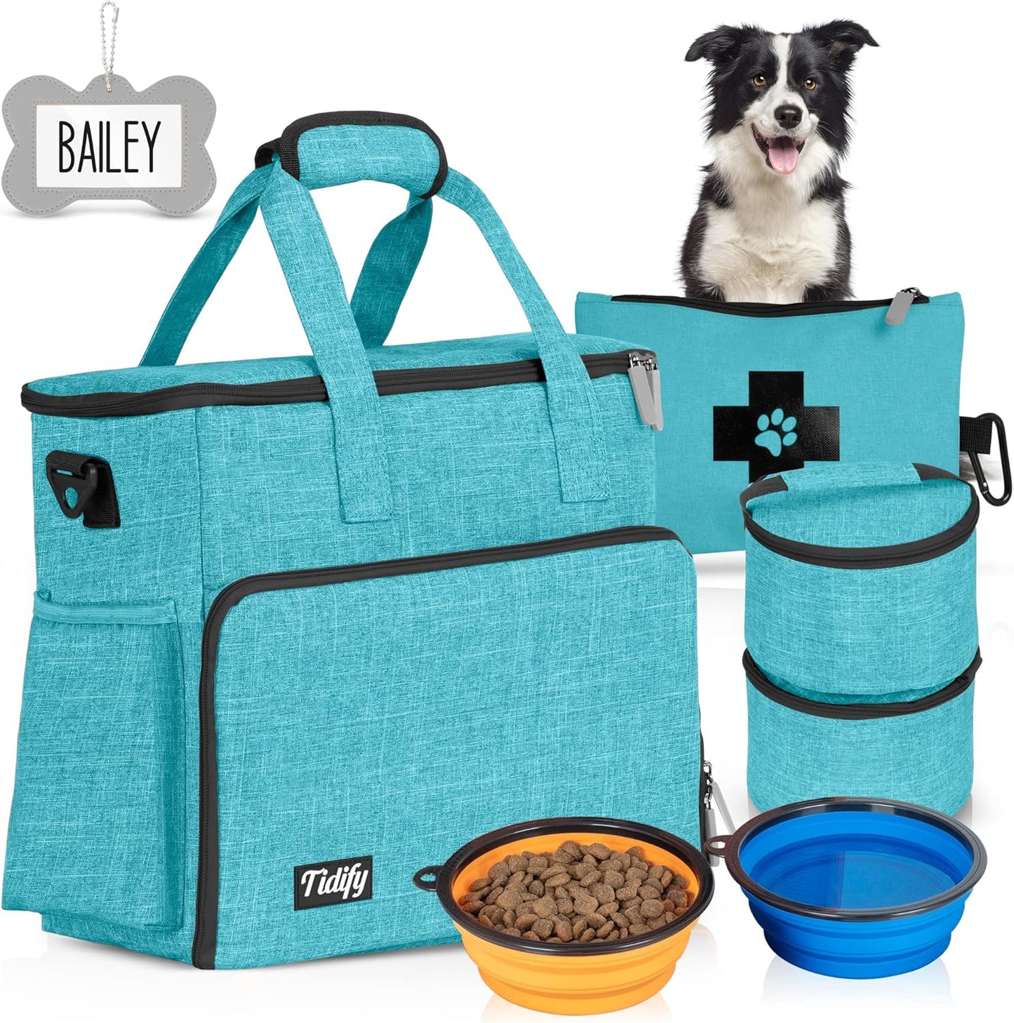 Airline Approved Dog Travel Bag - Ultimate Tote Set with Multi-Function Pockets, Food Containers & Collapsible Bowls for Weekend Getaways - Blue