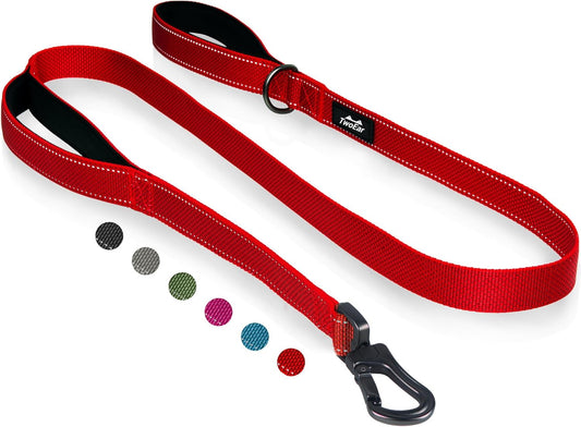 4FT Strong Red Dog Leash with Dual Padded Handles - Traffic Control, Reflective Safety, and Auto Lock Hook for All Dog Sizes