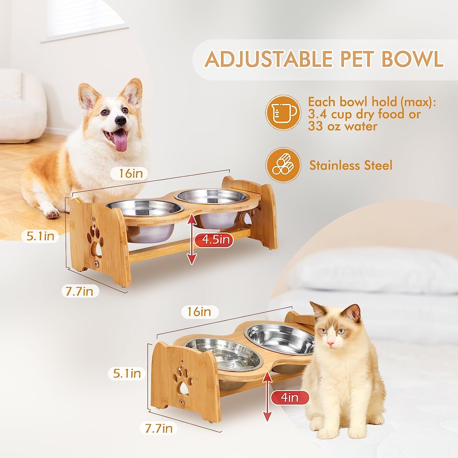 Adjustable Bamboo Elevated Dog & Cat Bowls - Set of 2 Stainless Steel Bowls with Anti-Slip Feet, Perfect for Small Pets (Height 4" to 4.5")