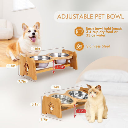 Adjustable Bamboo Elevated Dog & Cat Bowls - Set of 2 Stainless Steel Bowls with Anti-Slip Feet, Perfect for Small Pets (Height 4" to 4.5")