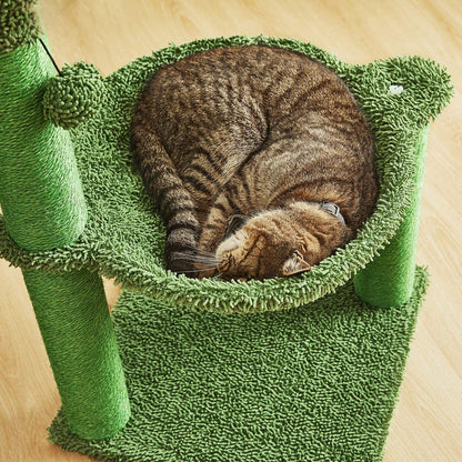 Deluxe 35-Inch Green Cactus Cat Tree with Hammock & Sisal Scratching Post - Perfect for Large Cats!