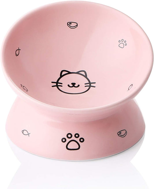 Elevated Pink Ceramic Cat Bowls - Slanted Design for Stress-Free Eating & Backflow Prevention