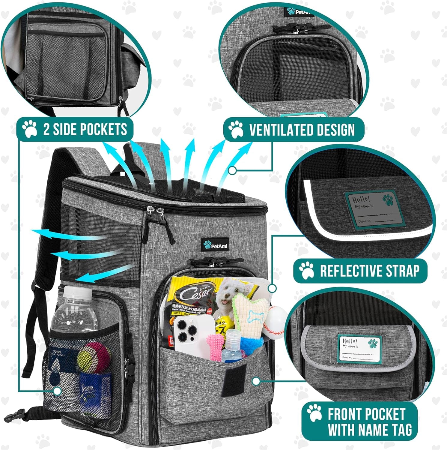 Airline Approved Dog and Cat Backpack Carrier - Soft Sided, Ventilated Pet Backpack for Travel, Hiking, and Camping (Max 18 Lbs) - Stylish Heather Gray