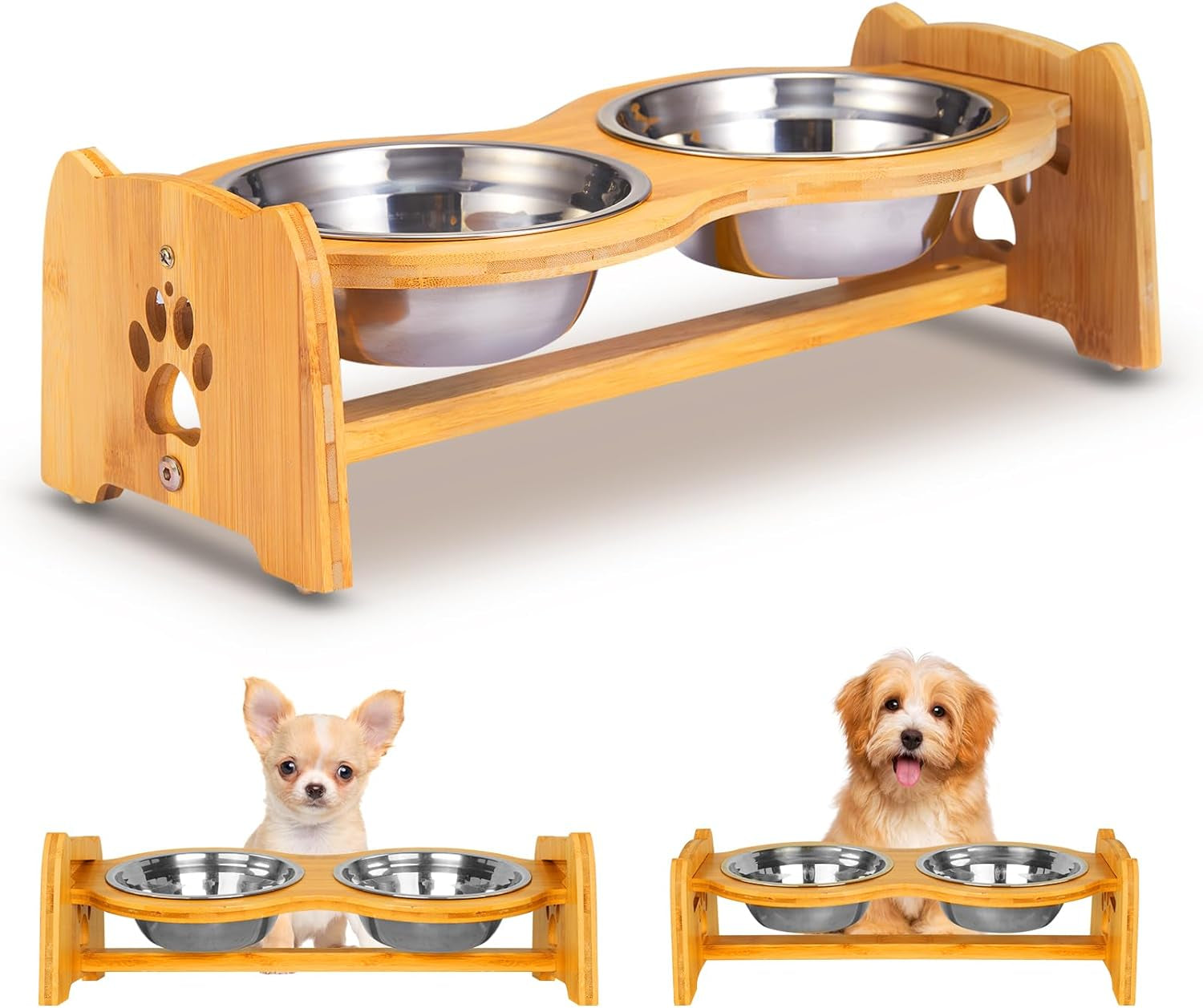 Adjustable Bamboo Elevated Dog & Cat Bowls - Set of 2 Stainless Steel Bowls with Anti-Slip Feet, Perfect for Small Pets (Height 4" to 4.5")