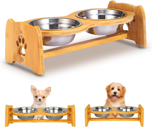 Adjustable Bamboo Elevated Dog & Cat Bowls - Set of 2 Stainless Steel Bowls with Anti-Slip Feet, Perfect for Small Pets (Height 4" to 4.5")