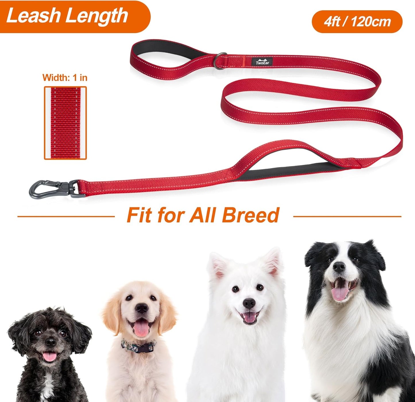 4FT Strong Red Dog Leash with Dual Padded Handles - Traffic Control, Reflective Safety, and Auto Lock Hook for All Dog Sizes