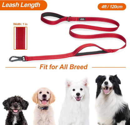 4FT Strong Red Dog Leash with Dual Padded Handles - Traffic Control, Reflective Safety, and Auto Lock Hook for All Dog Sizes