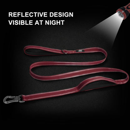 4FT Strong Red Dog Leash with Dual Padded Handles - Traffic Control, Reflective Safety, and Auto Lock Hook for All Dog Sizes