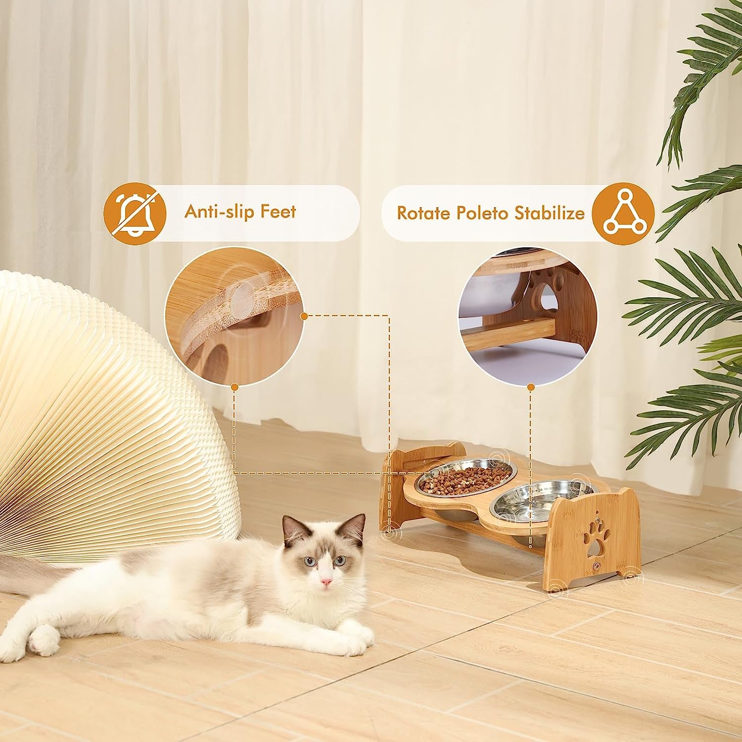 Adjustable Bamboo Elevated Dog & Cat Bowls - Set of 2 Stainless Steel Bowls with Anti-Slip Feet, Perfect for Small Pets (Height 4" to 4.5")