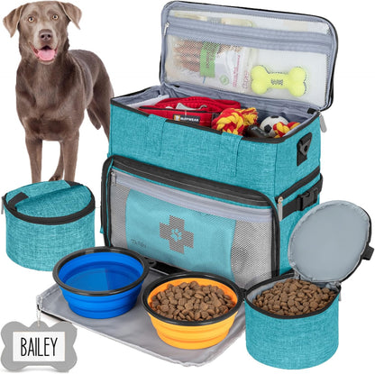 Airline Approved Dog Travel Bag - Ultimate Tote Set with Multi-Function Pockets, Food Containers & Collapsible Bowls for Weekend Getaways - Blue