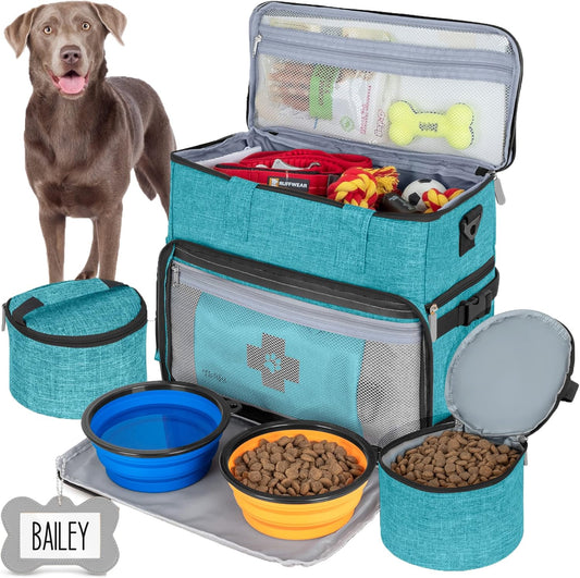 Airline Approved Dog Travel Bag - Ultimate Tote Set with Multi-Function Pockets, Food Containers & Collapsible Bowls for Weekend Getaways - Blue