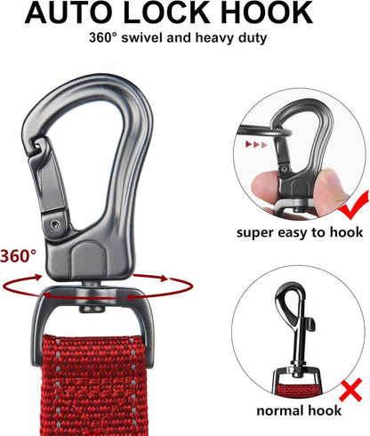 4FT Strong Red Dog Leash with Dual Padded Handles - Traffic Control, Reflective Safety, and Auto Lock Hook for All Dog Sizes