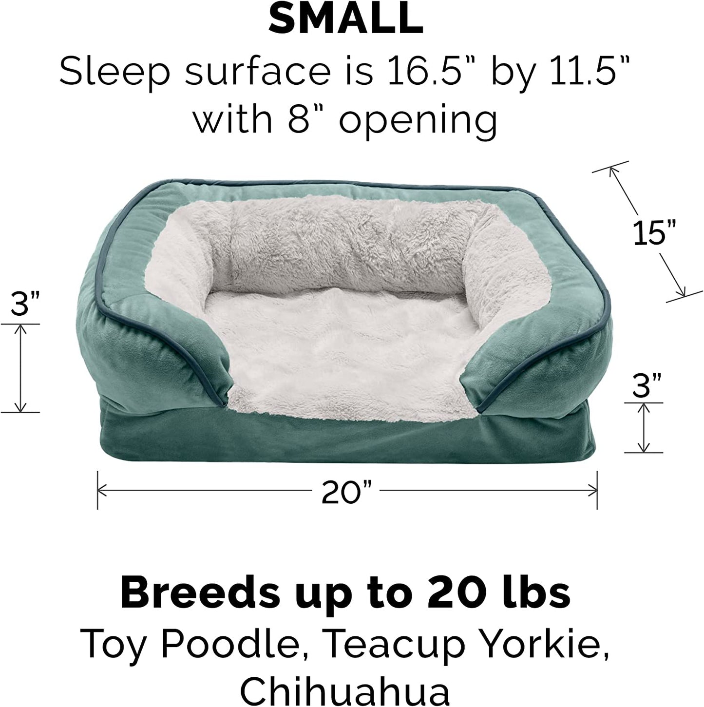 Plush Celadon Green Memory Foam Dog Bed with Removable Bolsters - Perfect Comfort for Small Dogs up to 20 lbs