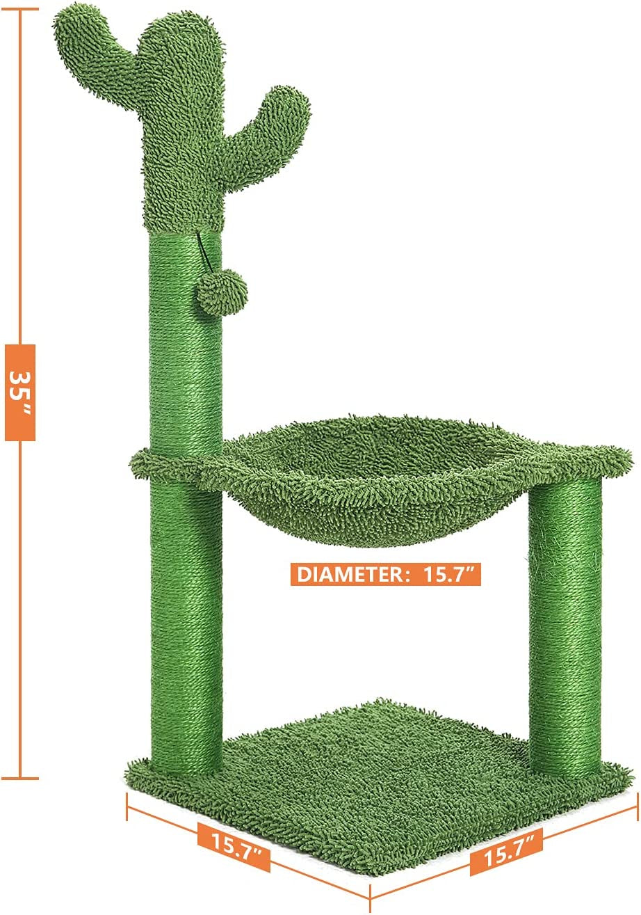 Deluxe 35-Inch Green Cactus Cat Tree with Hammock & Sisal Scratching Post - Perfect for Large Cats!