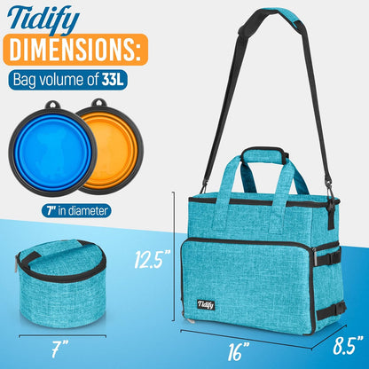 Airline Approved Dog Travel Bag - Ultimate Tote Set with Multi-Function Pockets, Food Containers & Collapsible Bowls for Weekend Getaways - Blue