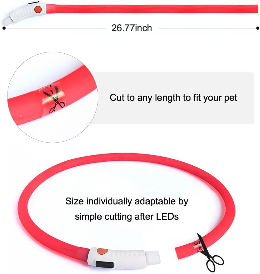 USB Rechargeable LED Dog Collar - Glow in the Dark Silicone Necklace Light for Pets (Red)