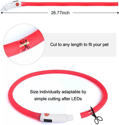 USB Rechargeable LED Dog Collar - Glow in the Dark Silicone Necklace Light for Pets (Red)