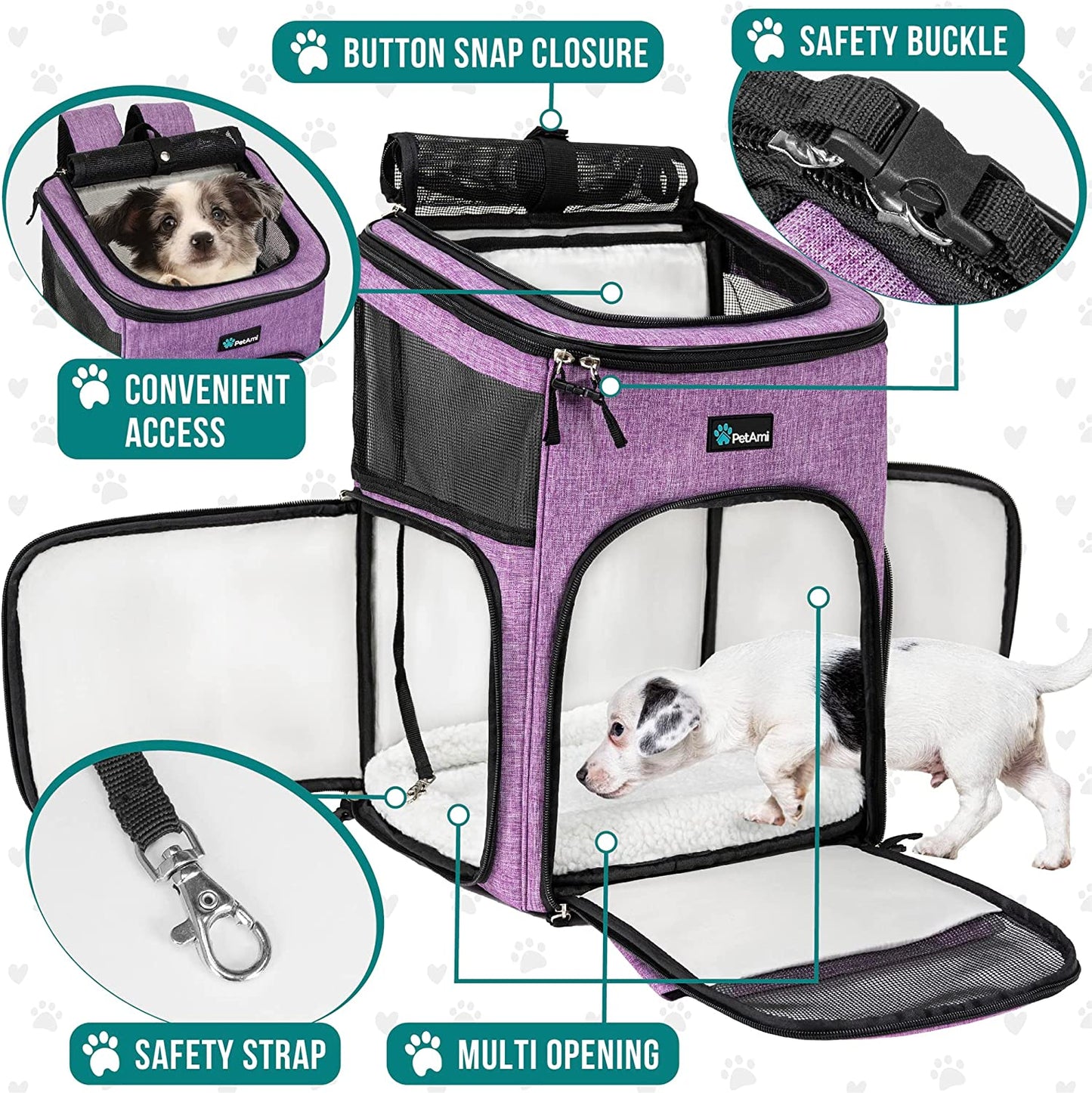 Airline Approved Dog Backpack Carrier for Small & Large Pets – Ventilated Soft Sided Travel Bag for Hiking, Camping, and Adventures (Max 18 Lbs) - Stylish Purple Design